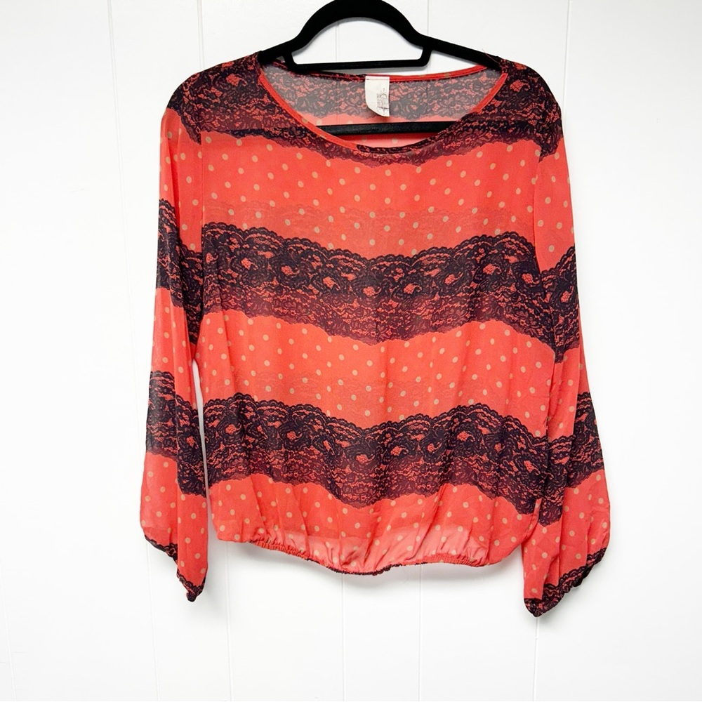 Anthropologie Bird Cage Label Red & Black Polka Dot Striped Long Sleeve Blouse M